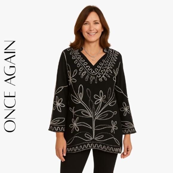 Once We Were Warriors Tops - ONCE AGAIN Black Tunic w/ Metallic Soutache Detail, S